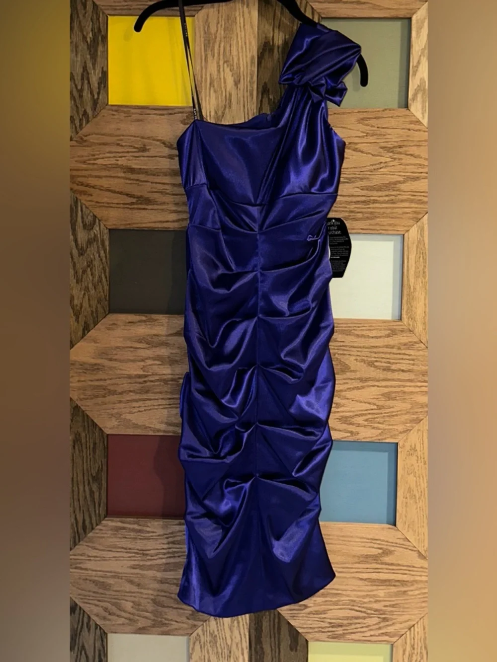 NWT Xscape Cocktail Dress Royal Blue/Purple Ruched One Shoulder Satin Mini Sz 6 - Picture 2 of 12